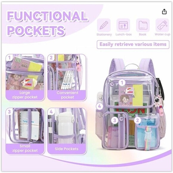 Clear Backpack Heavy Duty,Transparent Backpacks for School,Girls New - Picture 3 of 10